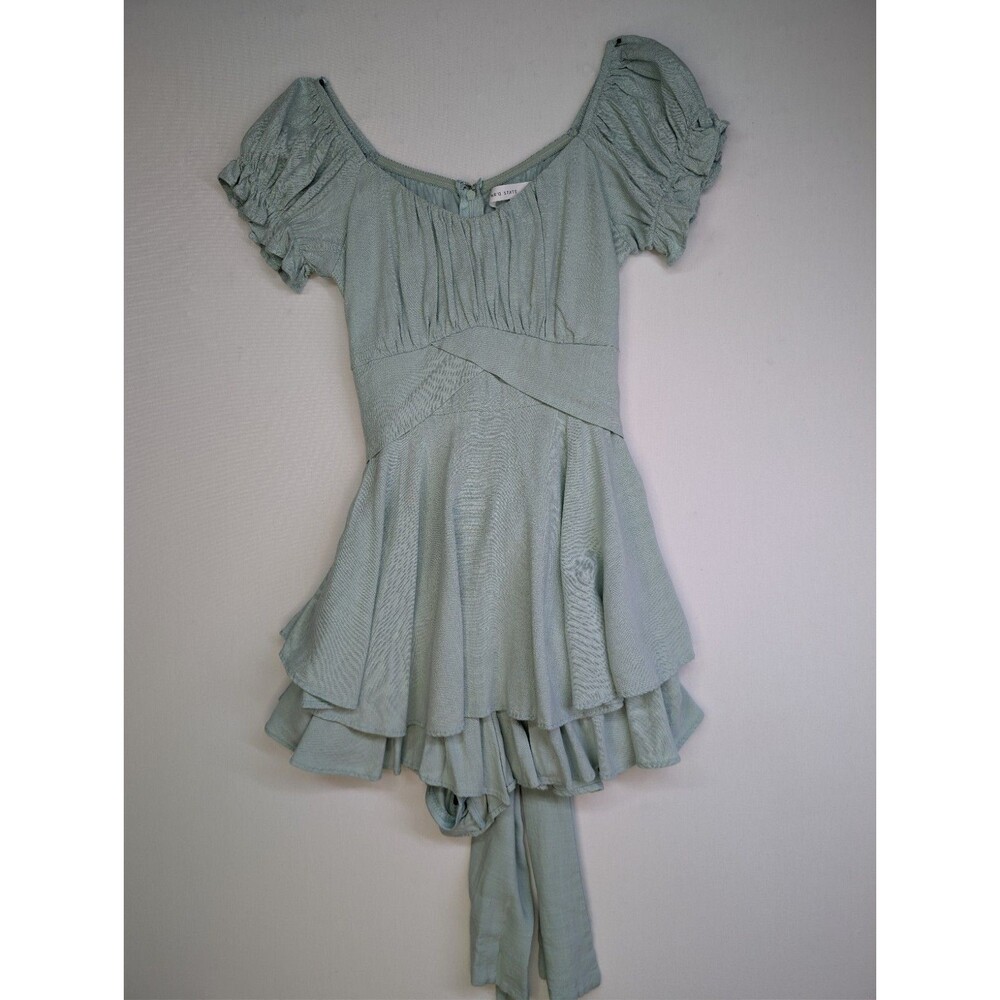 Altar'd State Haisley Romper Dress XS Mint Green Sage Ruffle Puff Sleeve Boho